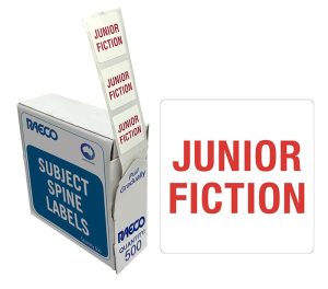 RED&WHITE PRINTED SPINE LABEL 19 H X 19 W MM JUNIOR FICTION/PKT 500